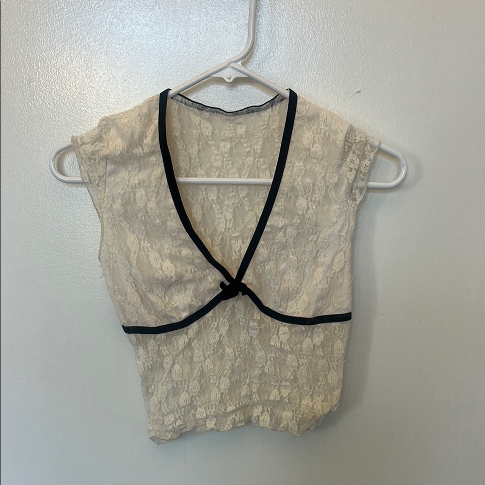 Cream Lace Cropped Top with Black Trim
